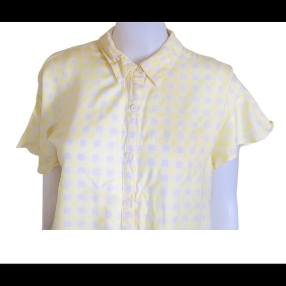 GEORGE Gingham Plaid Ruffle Blouse With Tie Front & Cap Sleeves Yellow Sz Large - Picture 7 of 13